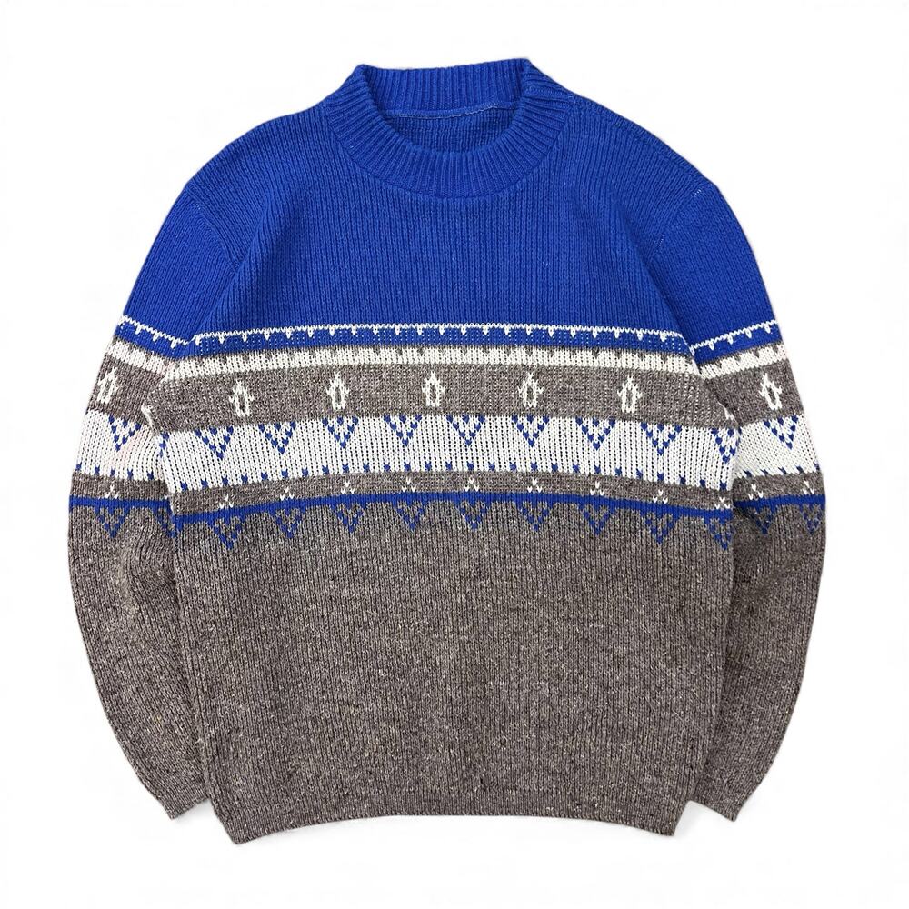 Vintage Nordic Fair Isle Pattern Ski Holiday Crewneck Sweater Geometric Knit L